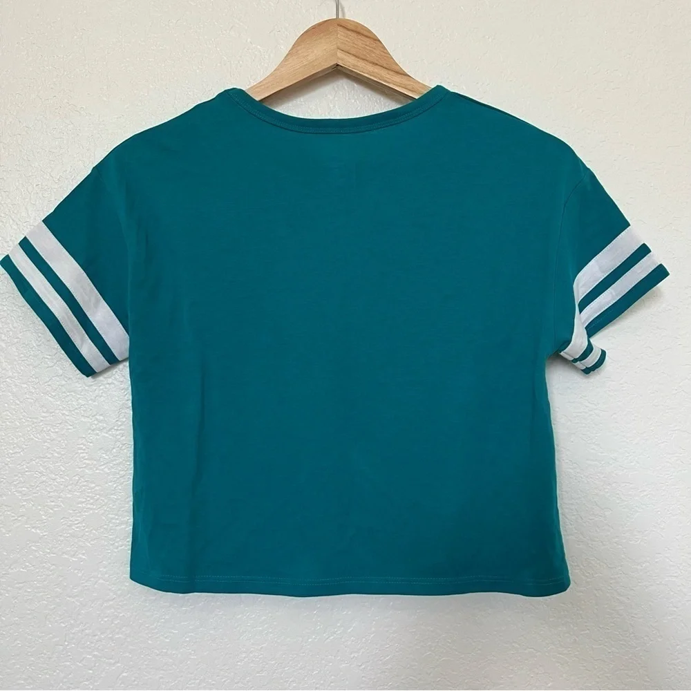 Girls Justice boxy crop tee/ teal/ white glitter letter SZ 7/8 NWT